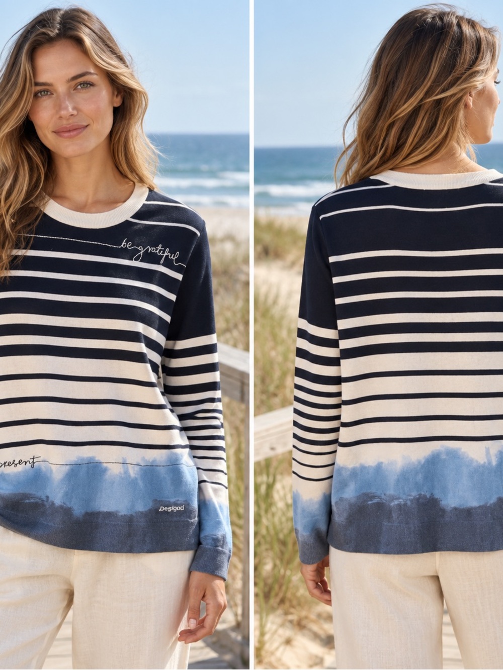 Desigual Coastal Striped Crewneck Sweater with Blue Ombre Hem